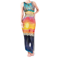 Hawaii Beach Landscape Time-Lapse Tank Maxi Dress Tropical Plumeria Flowers - Polynesian Pride