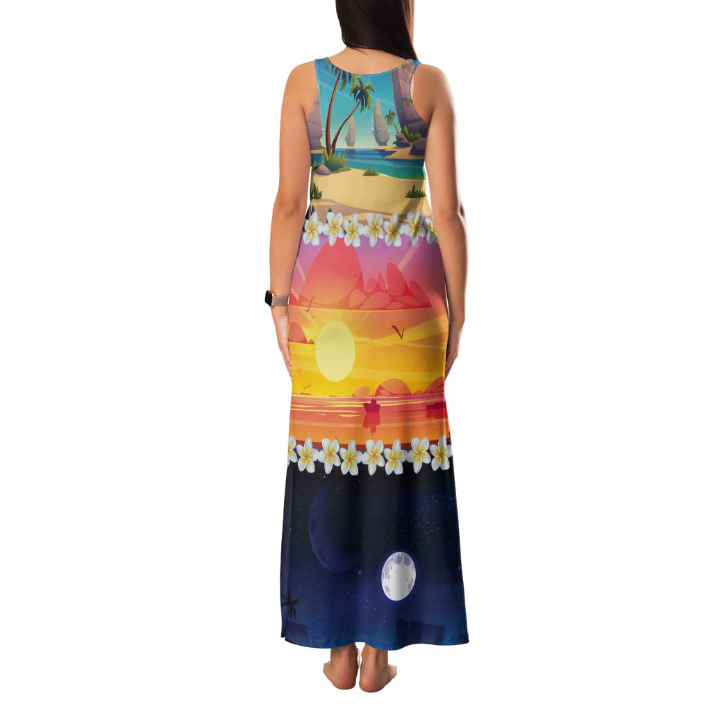 Hawaii Beach Landscape Time-Lapse Tank Maxi Dress Tropical Plumeria Flowers - Polynesian Pride