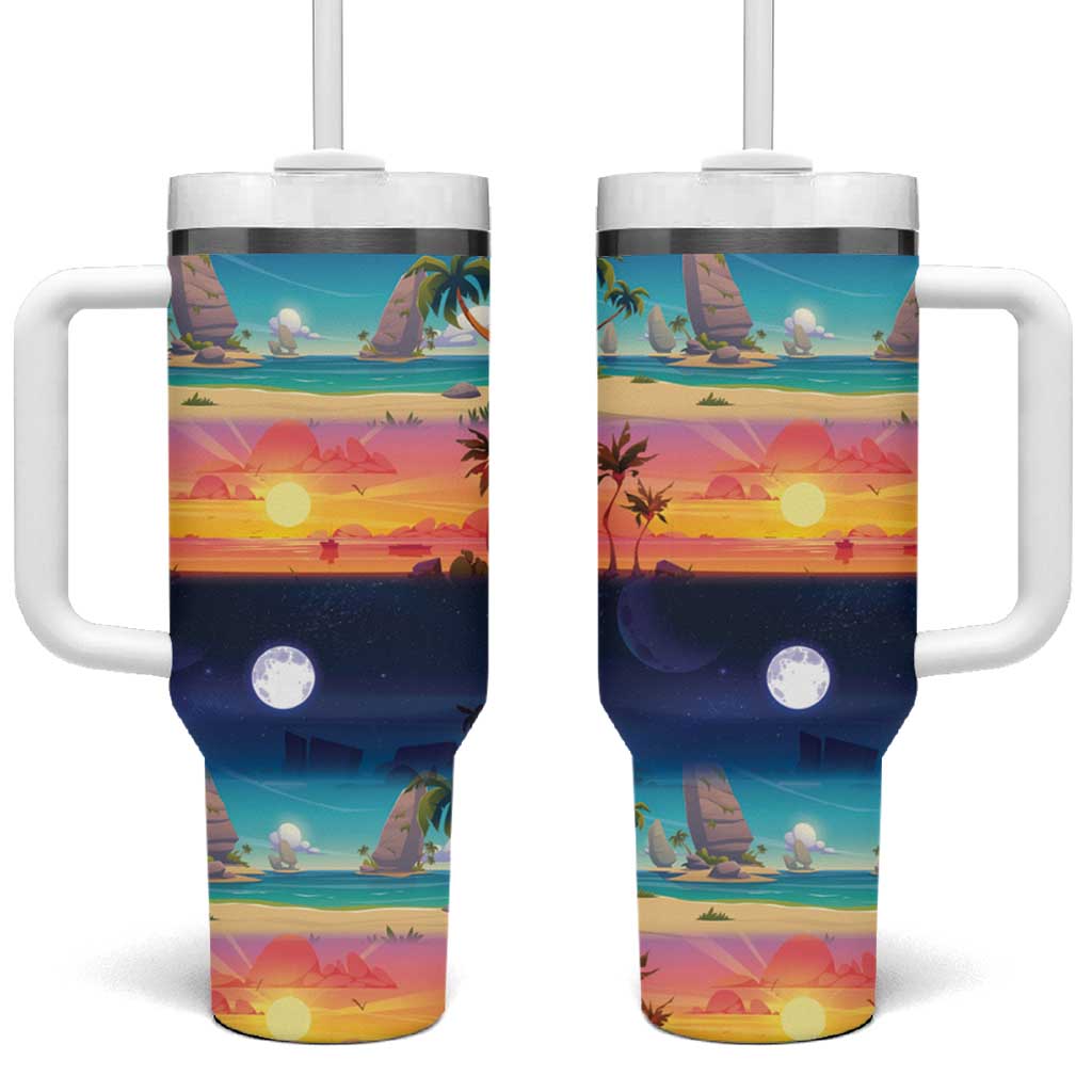Hawaii Beach Landscape Time-Lapse Tumbler With Handle Tropical Plumeria Flowers - Polynesian Pride