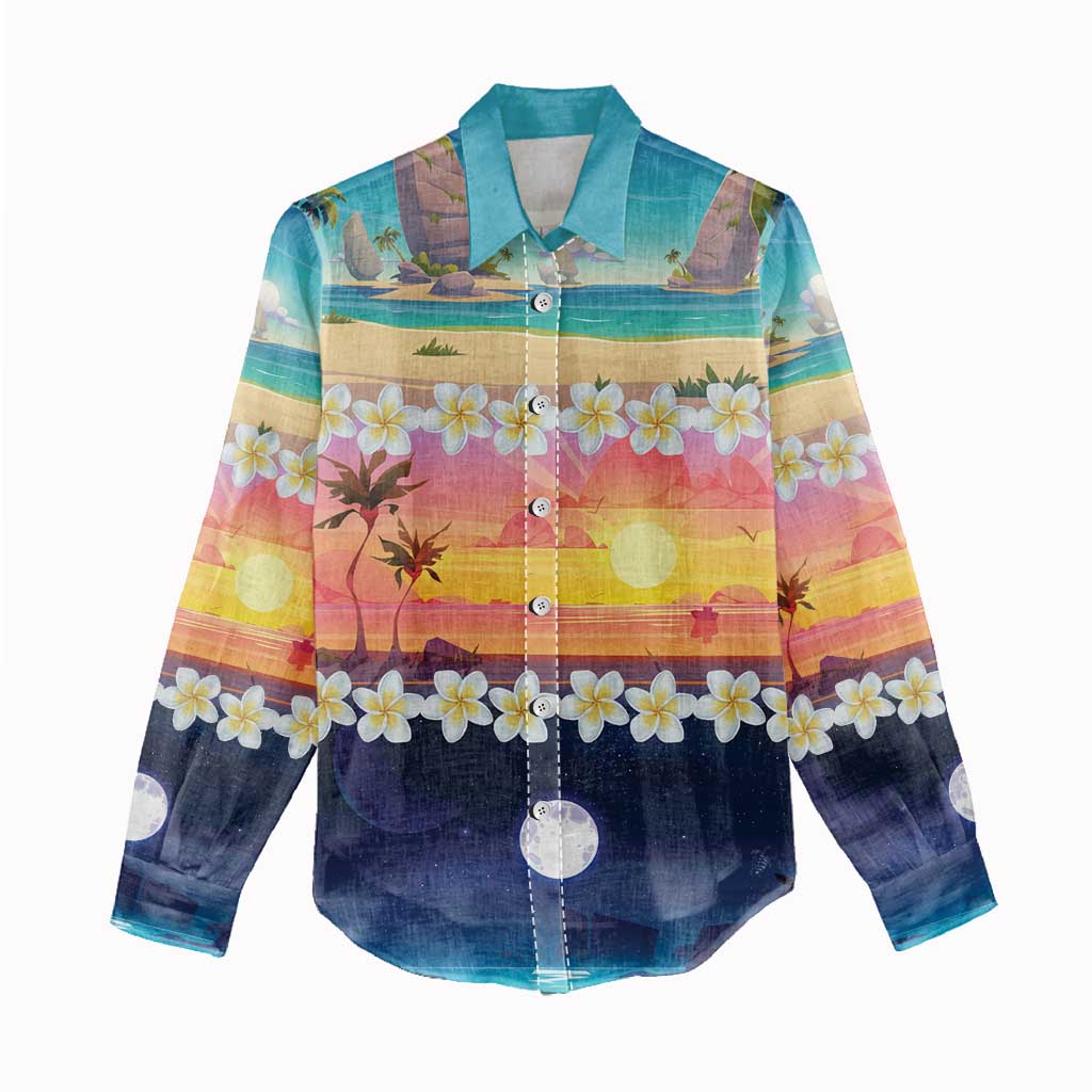 Hawaii Beach Landscape Time-Lapse Women Casual Shirt Tropical Plumeria Flowers - Polynesian Pride