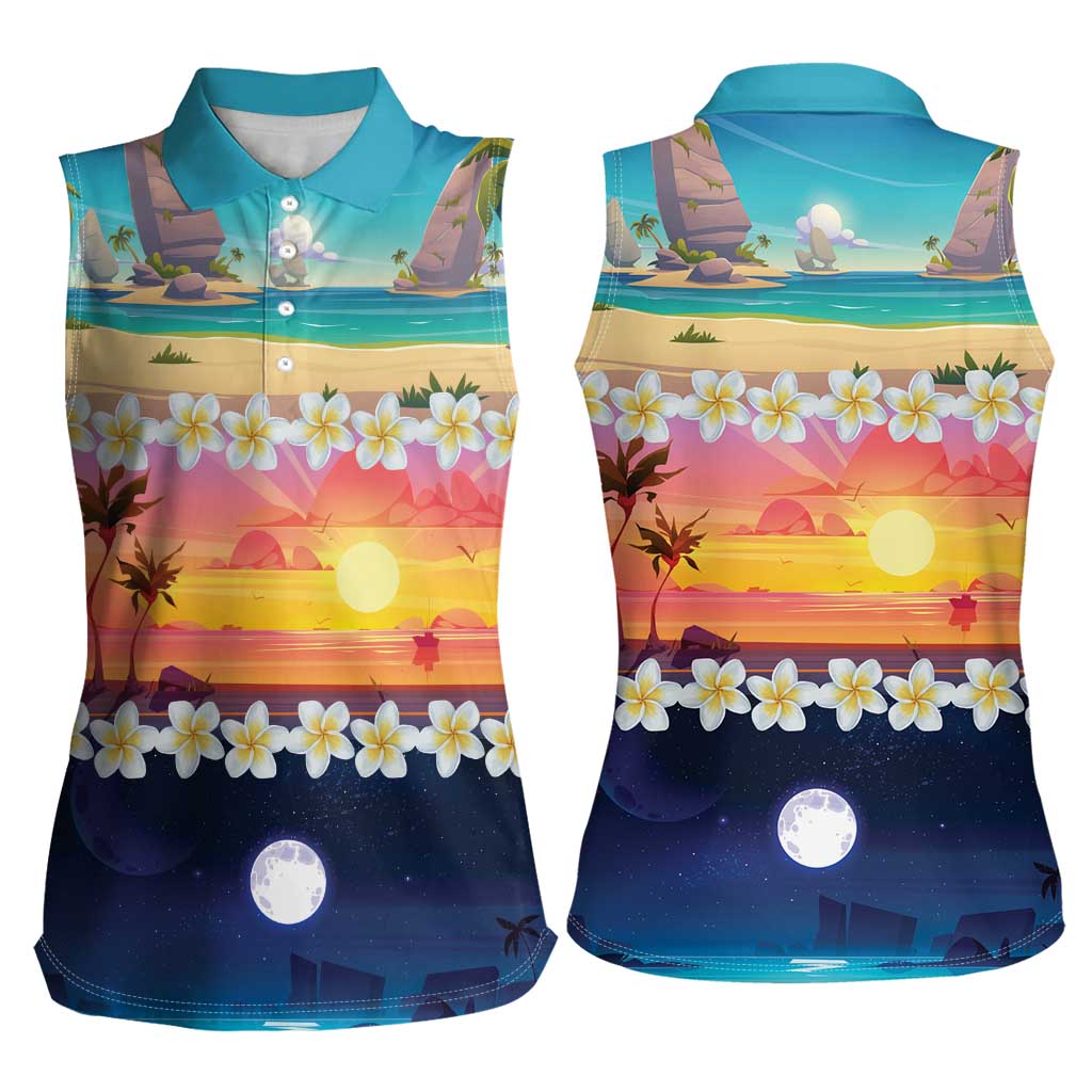 Hawaii Beach Landscape Time-Lapse Women Sleeveless Polo Shirt Tropical Plumeria Flowers - Polynesian Pride