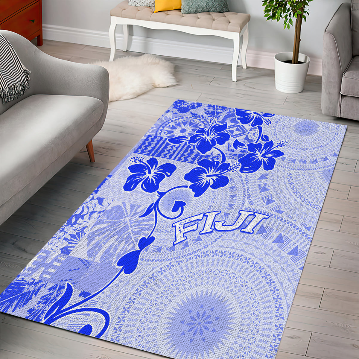 Fiji Masi With Hibiscus Tapa Tribal Area Rug Blue Pastel LT01 - Polynesian Pride