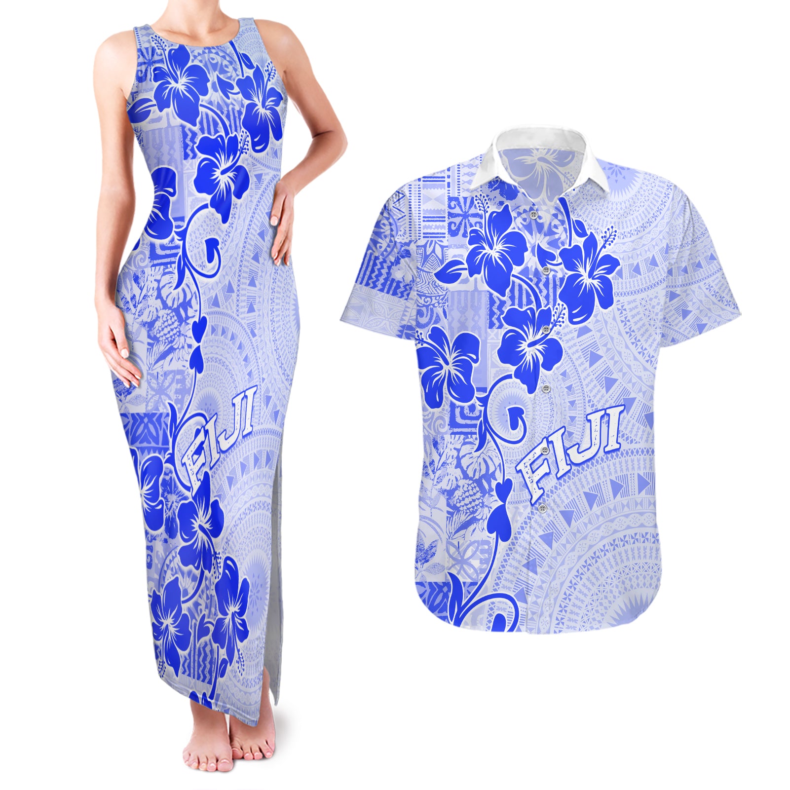 Fiji Masi With Hibiscus Tapa Tribal Couples Matching Tank Maxi Dress and Hawaiian Shirt Blue Pastel LT01 Blue - Polynesian Pride