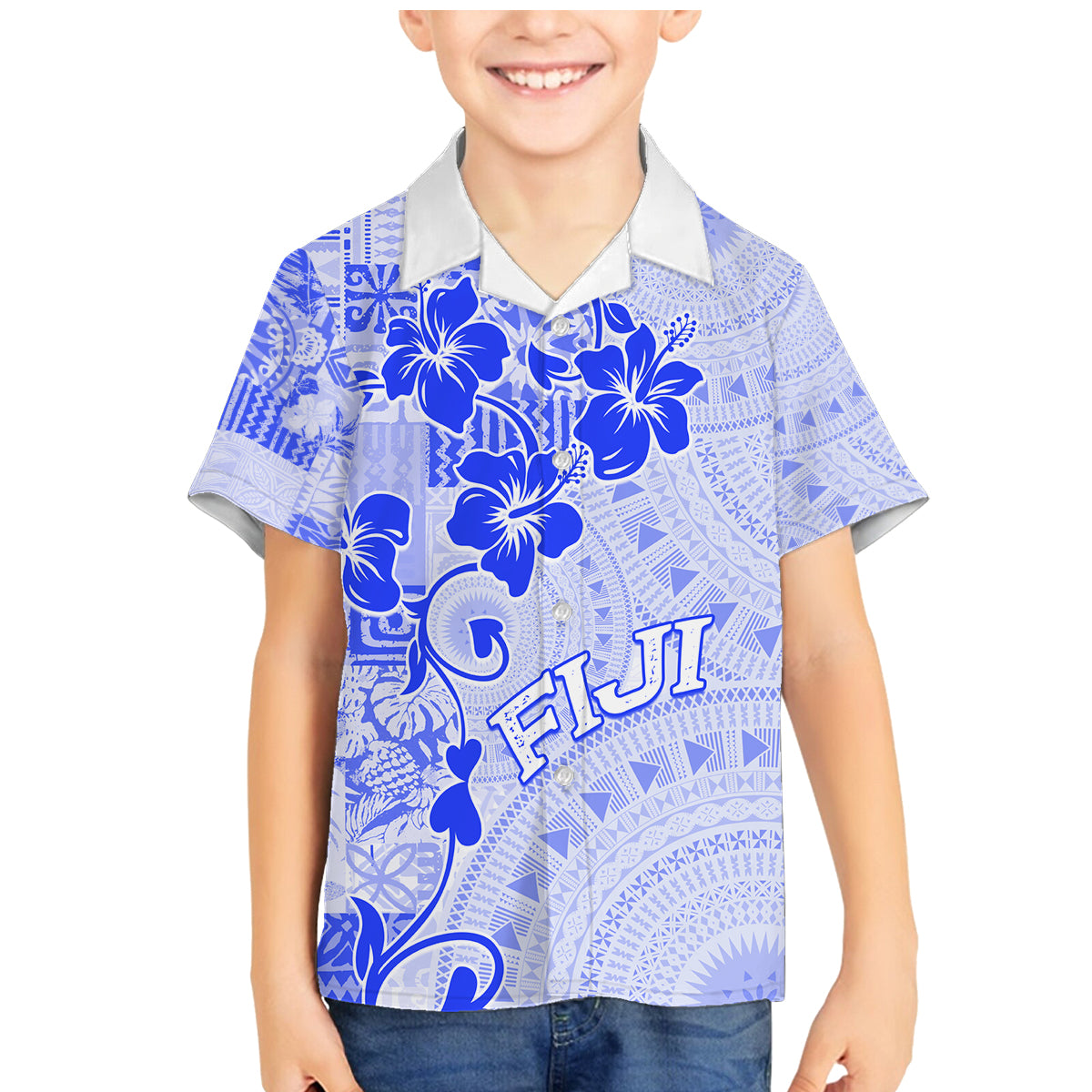 Fiji Masi With Hibiscus Tapa Tribal Family Matching Mermaid Dress and Hawaiian Shirt Blue Pastel LT01 Son's Shirt Blue - Polynesian Pride