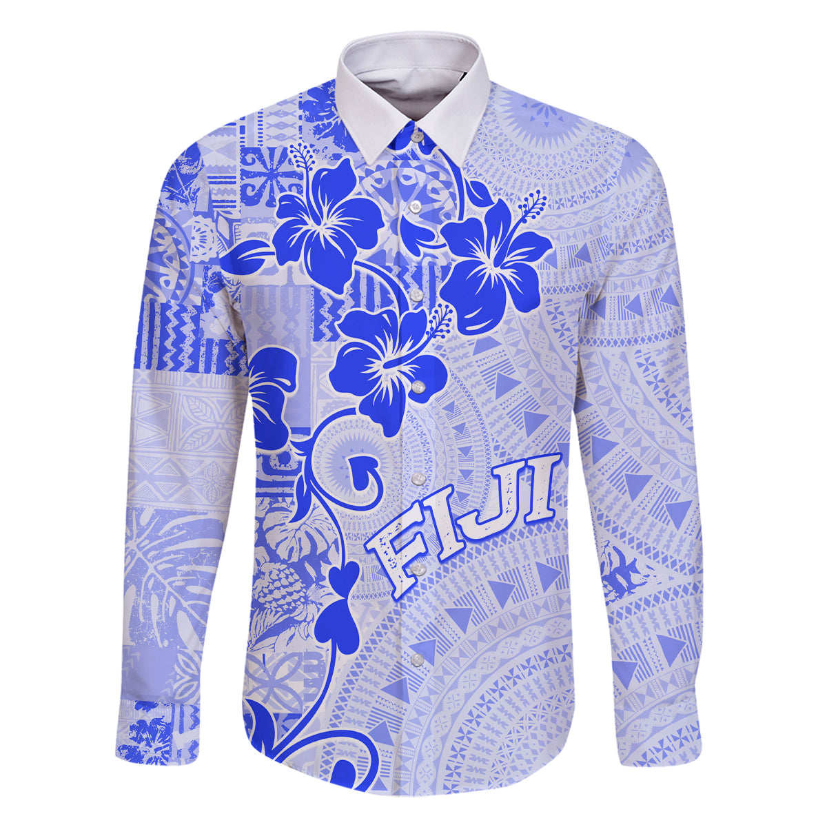 Fiji Masi With Hibiscus Tapa Tribal Family Matching Off Shoulder Long Sleeve Dress and Hawaiian Shirt Blue Pastel LT01 Dad's Shirt - Long Sleeve Blue - Polynesian Pride
