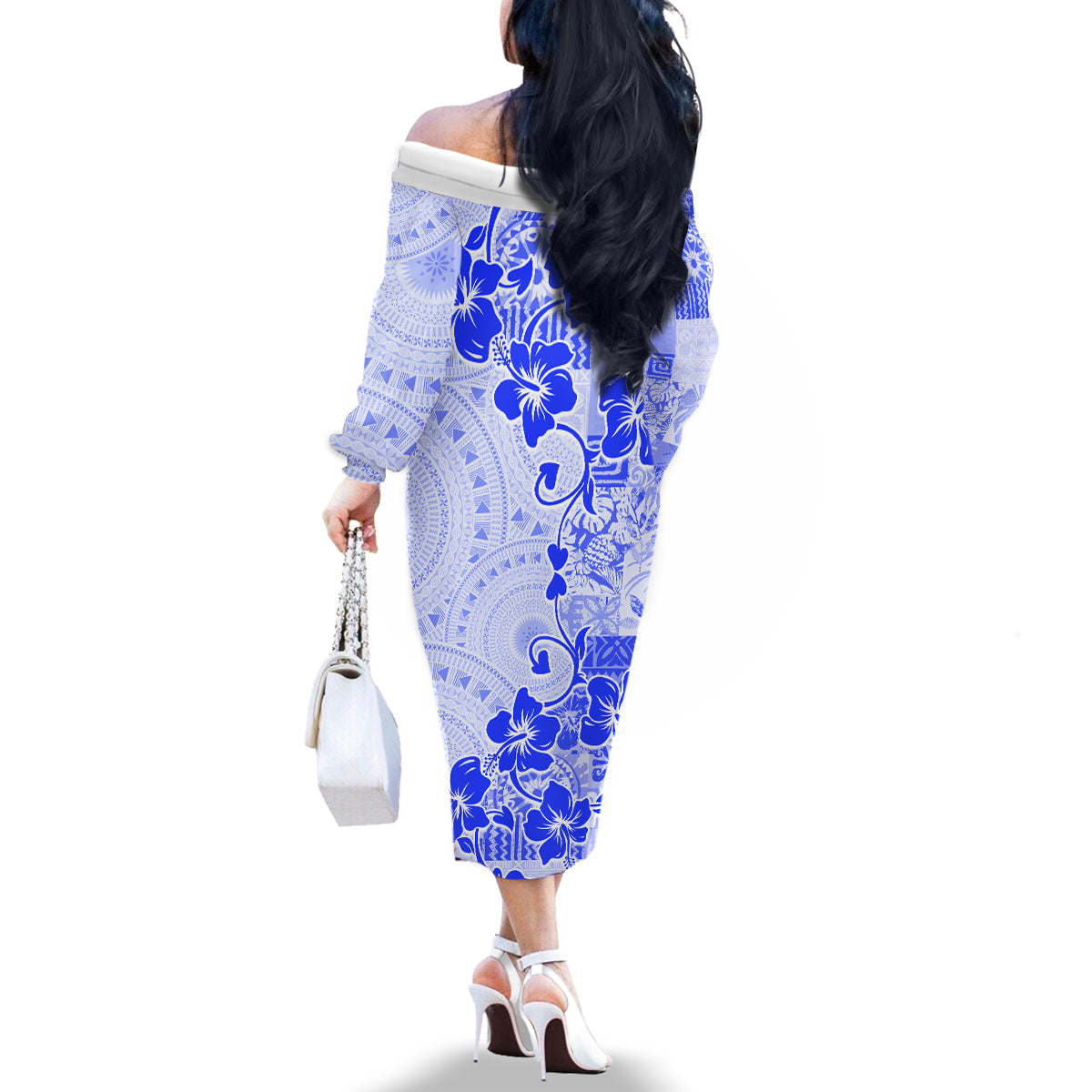 Fiji Masi With Hibiscus Tapa Tribal Family Matching Off Shoulder Long Sleeve Dress and Hawaiian Shirt Blue Pastel LT01 - Polynesian Pride
