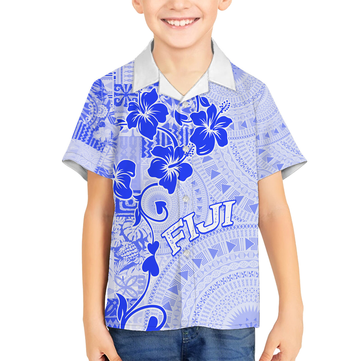 Fiji Masi With Hibiscus Tapa Tribal Family Matching Off Shoulder Maxi Dress and Hawaiian Shirt Blue Pastel LT01 Son's Shirt Blue - Polynesian Pride
