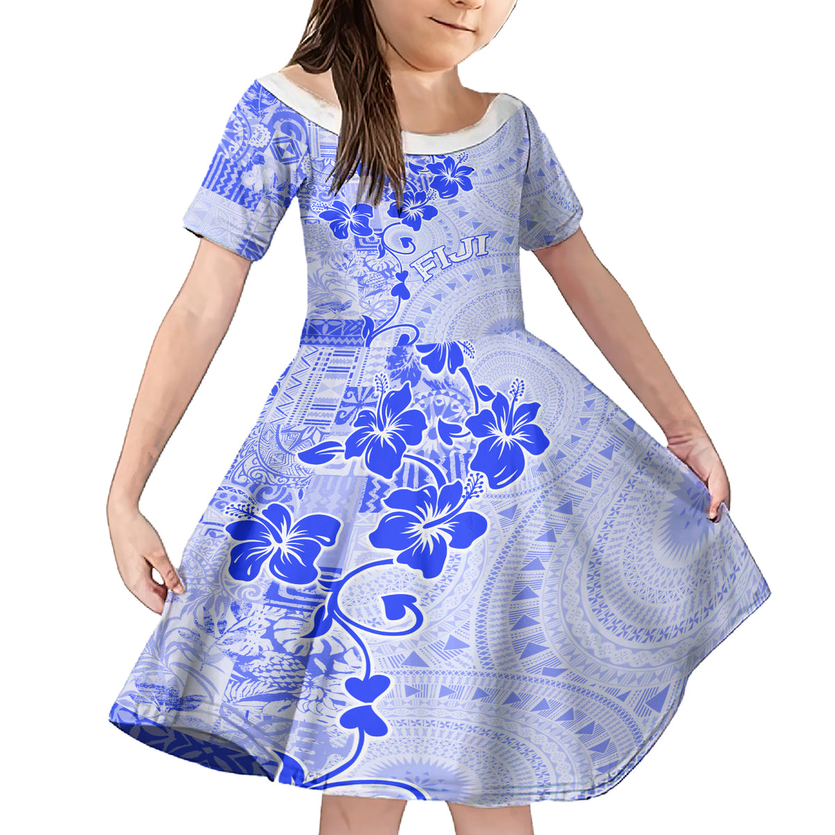 Fiji Masi With Hibiscus Tapa Tribal Family Matching Short Sleeve Bodycon Dress and Hawaiian Shirt Blue Pastel LT01 Daughter's Dress Blue - Polynesian Pride