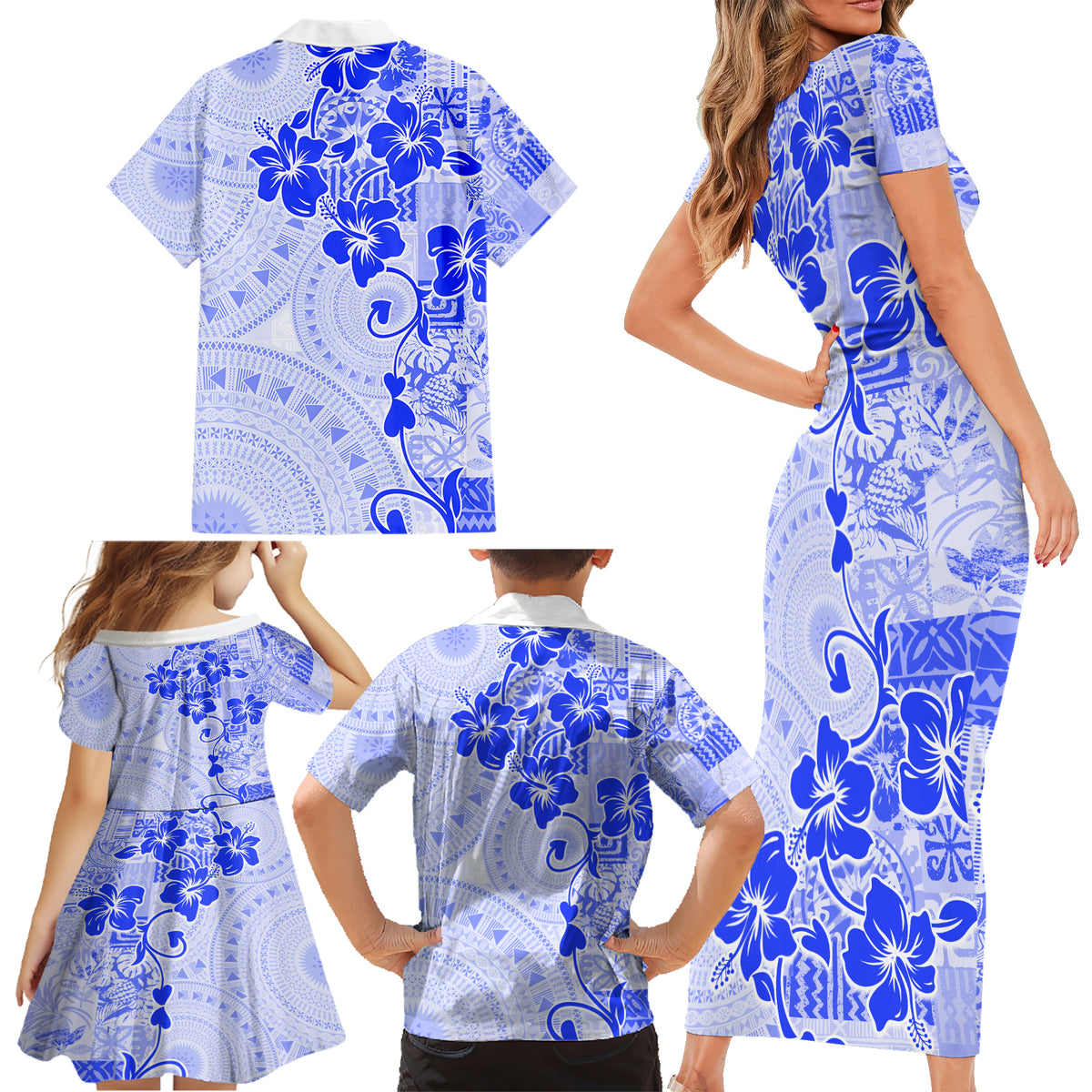 Fiji Masi With Hibiscus Tapa Tribal Family Matching Short Sleeve Bodycon Dress and Hawaiian Shirt Blue Pastel LT01 - Polynesian Pride