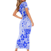 Fiji Masi With Hibiscus Tapa Tribal Family Matching Short Sleeve Bodycon Dress and Hawaiian Shirt Blue Pastel LT01 - Polynesian Pride