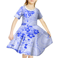 Fiji Masi With Hibiscus Tapa Tribal Kid Short Sleeve Dress Blue Pastel LT01 - Polynesian Pride