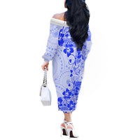 Fiji Masi With Hibiscus Tapa Tribal Off The Shoulder Long Sleeve Dress Blue Pastel LT01 - Polynesian Pride