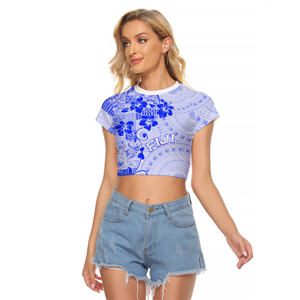 Fiji Masi With Hibiscus Tapa Tribal Raglan Cropped T Shirt Blue Pastel LT01 Female Blue - Polynesian Pride