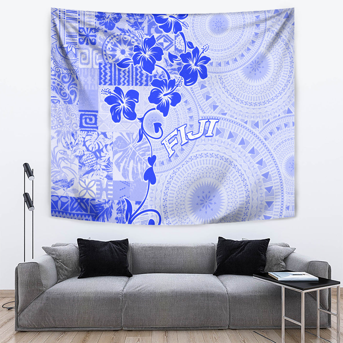 Fiji Masi With Hibiscus Tapa Tribal Tapestry Blue Pastel LT01 - Polynesian Pride
