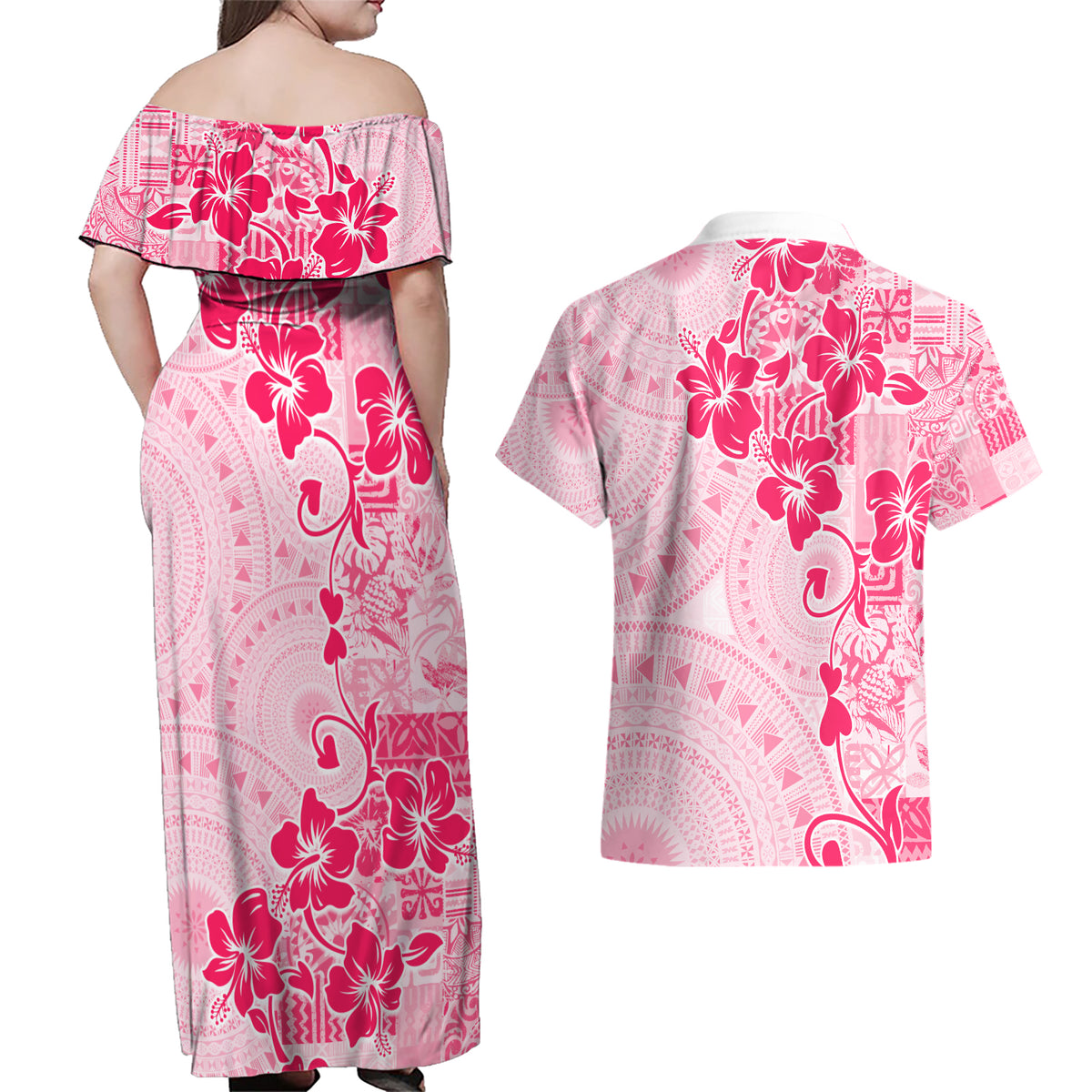 Fiji Masi With Hibiscus Tapa Tribal Couples Matching Off Shoulder Maxi Dress and Hawaiian Shirt Pink Pastel LT01 - Polynesian Pride