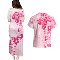 Fiji Masi With Hibiscus Tapa Tribal Couples Matching Puletasi Dress and Hawaiian Shirt Pink Pastel LT01 - Polynesian Pride
