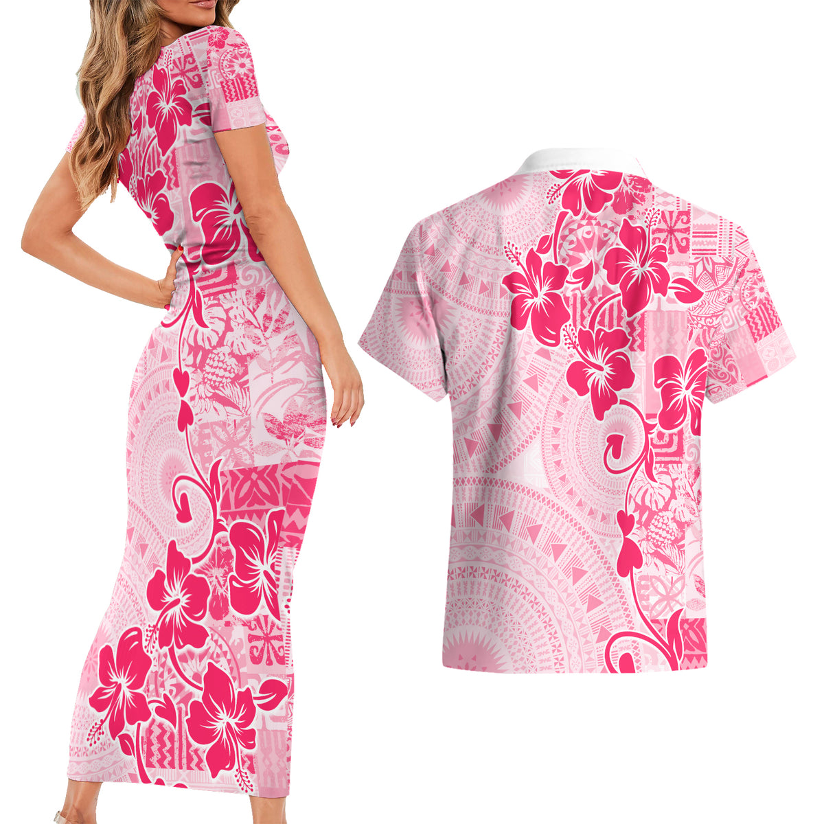 Fiji Masi With Hibiscus Tapa Tribal Couples Matching Short Sleeve Bodycon Dress and Hawaiian Shirt Pink Pastel LT01 - Polynesian Pride
