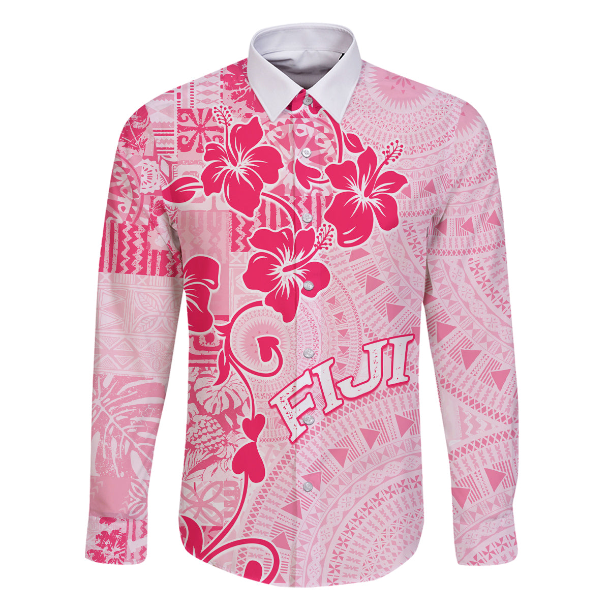Fiji Masi With Hibiscus Tapa Tribal Family Matching Summer Maxi Dress and Hawaiian Shirt Pink Pastel LT01 Dad's Shirt - Long Sleeve Pink - Polynesian Pride