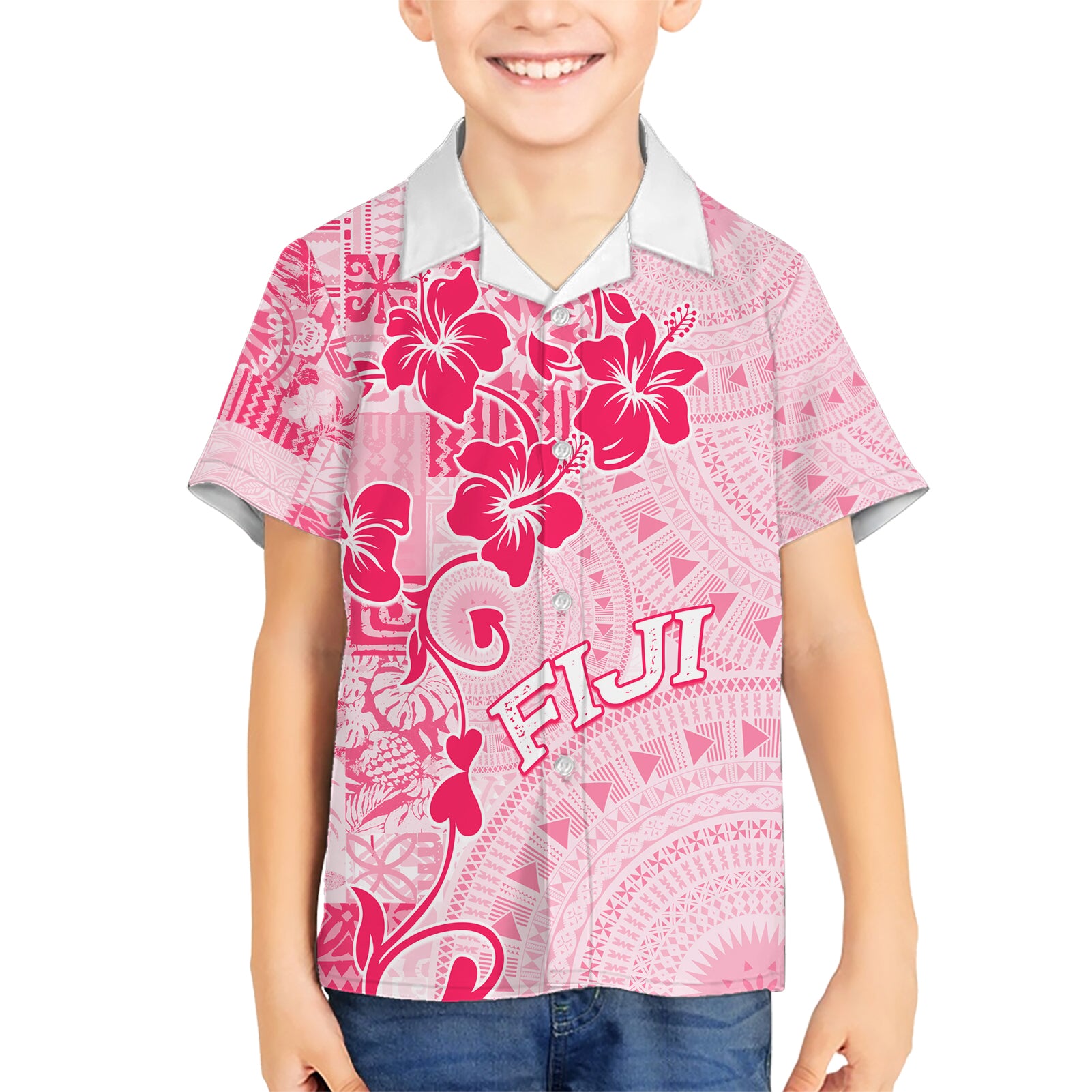 Fiji Masi With Hibiscus Tapa Tribal Kid Hawaiian Shirt Pink Pastel LT01 Kid Pink - Polynesian Pride