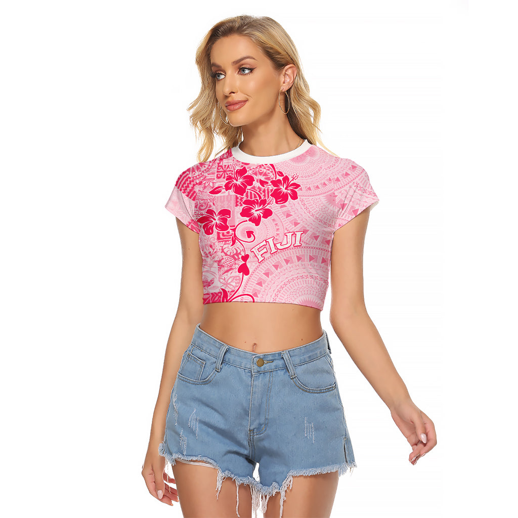 Fiji Masi With Hibiscus Tapa Tribal Raglan Cropped T Shirt Pink Pastel LT01 Female Pink - Polynesian Pride