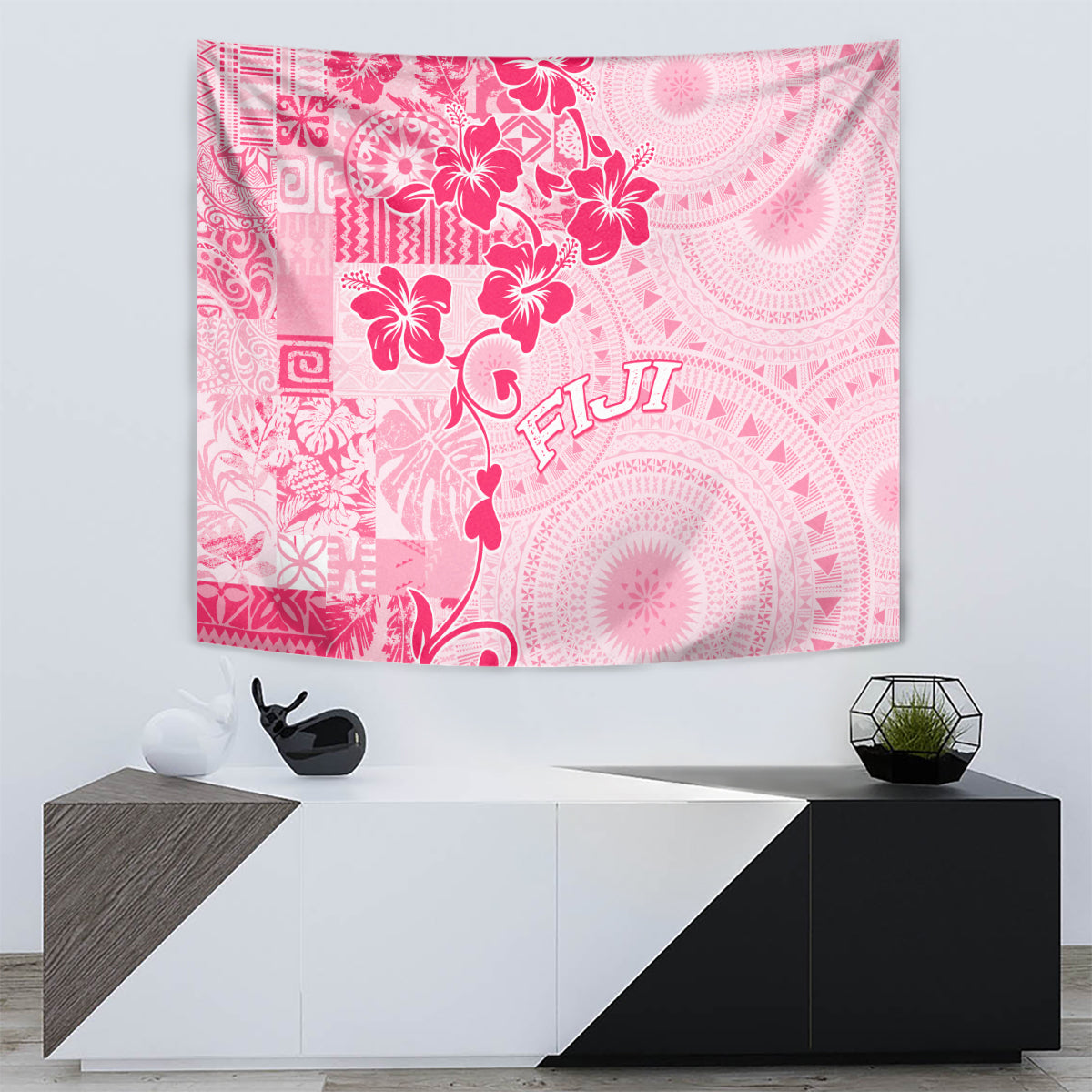 Fiji Masi With Hibiscus Tapa Tribal Tapestry Pink Pastel LT01 - Polynesian Pride