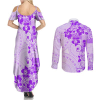 Fiji Masi With Hibiscus Tapa Tribal Couples Matching Summer Maxi Dress and Long Sleeve Button Shirt Purple Pastel LT01 - Polynesian Pride