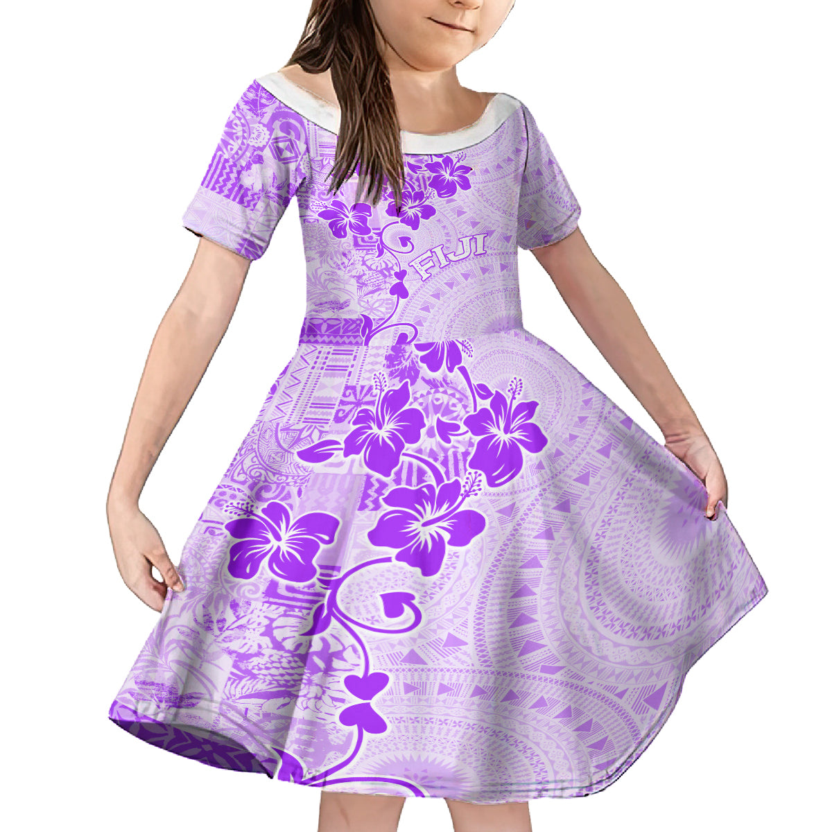 Fiji Masi With Hibiscus Tapa Tribal Family Matching Off Shoulder Long Sleeve Dress and Hawaiian Shirt Purple Pastel LT01 Daughter's Dress Purple - Polynesian Pride