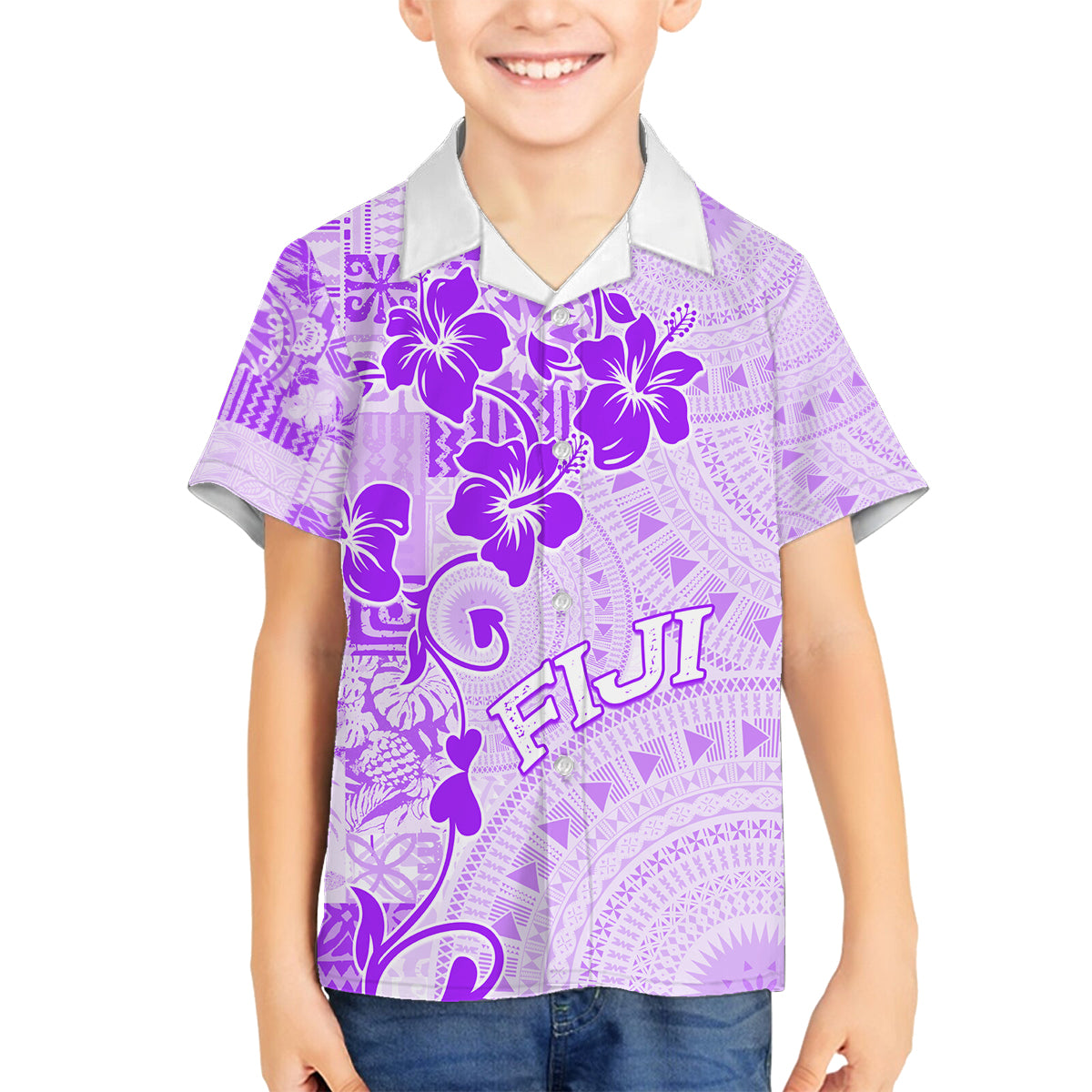 Fiji Masi With Hibiscus Tapa Tribal Family Matching Tank Maxi Dress and Hawaiian Shirt Purple Pastel LT01 Son's Shirt Purple - Polynesian Pride