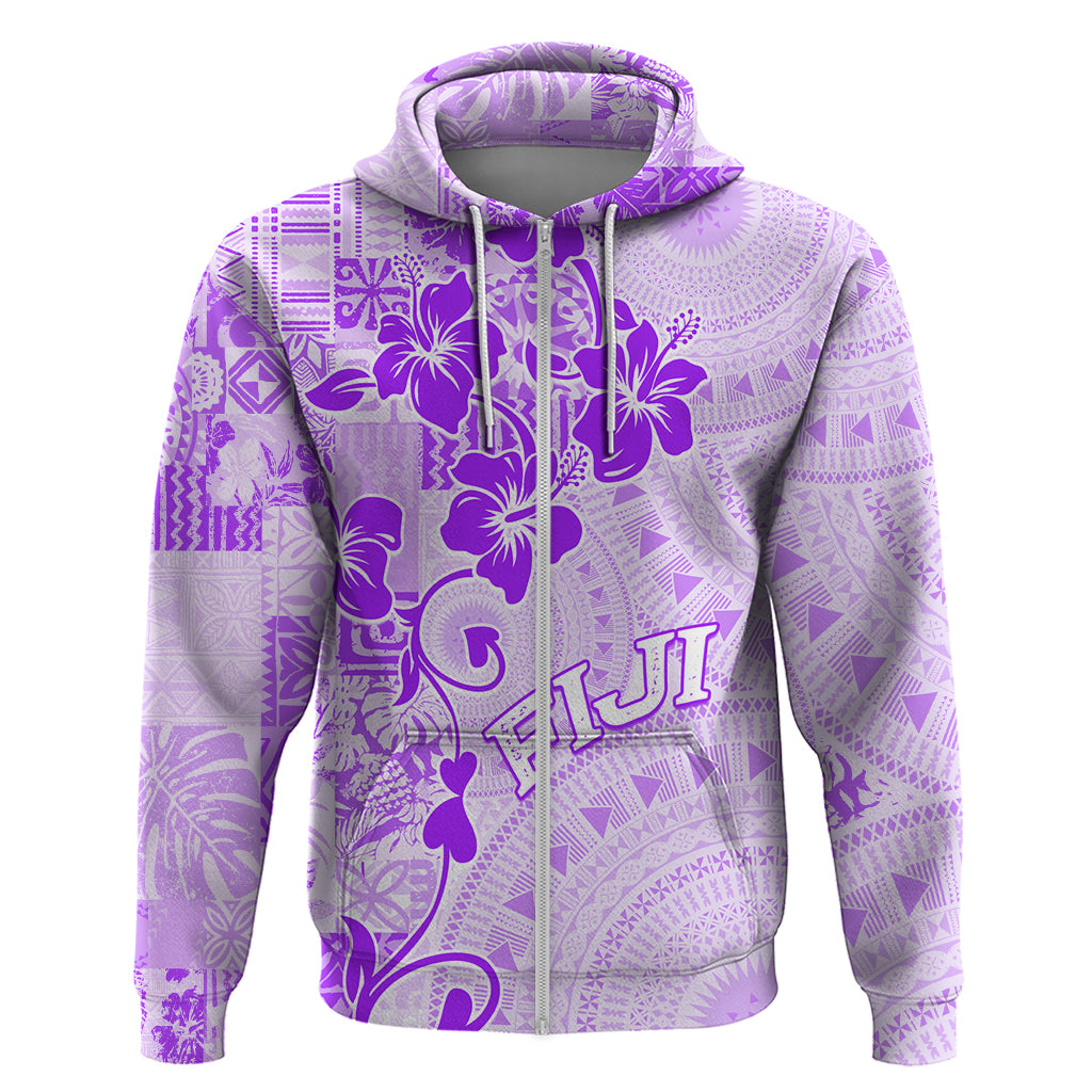 Fiji Masi With Hibiscus Tapa Tribal Hoodie Purple Pastel LT01 Zip Hoodie Purple - Polynesian Pride