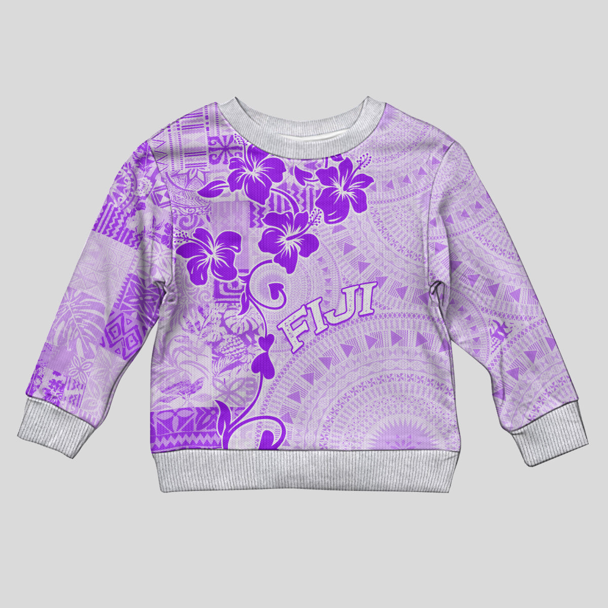 Fiji Masi With Hibiscus Tapa Tribal Kid Ugly Christmas Sweater Purple Pastel LT01 Kid Purple - Polynesian Pride