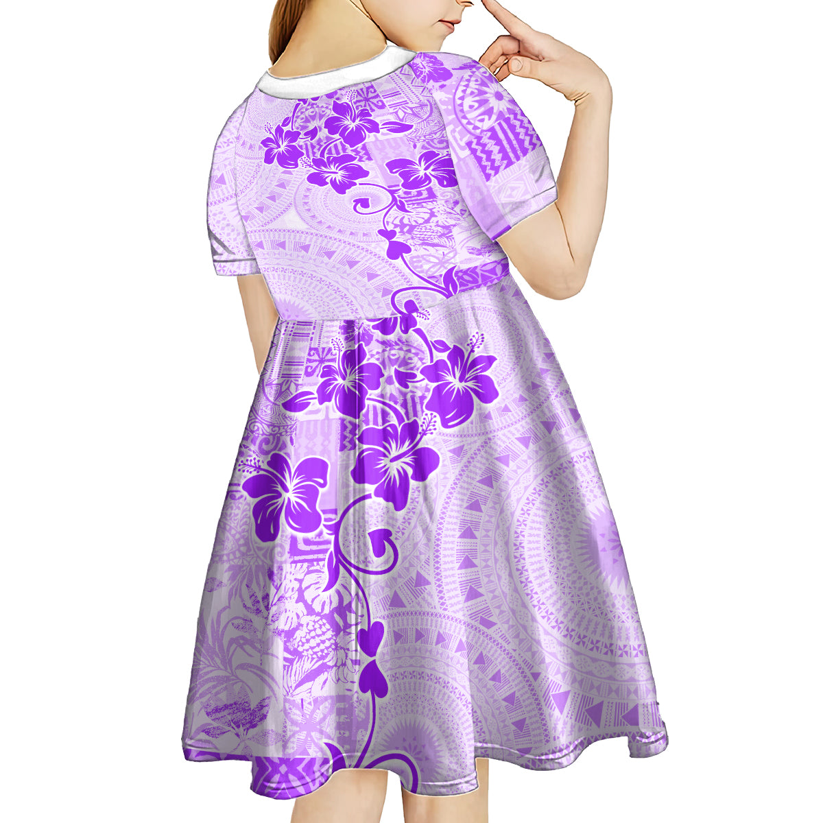 Fiji Masi With Hibiscus Tapa Tribal Kid Short Sleeve Dress Purple Pastel LT01 - Polynesian Pride