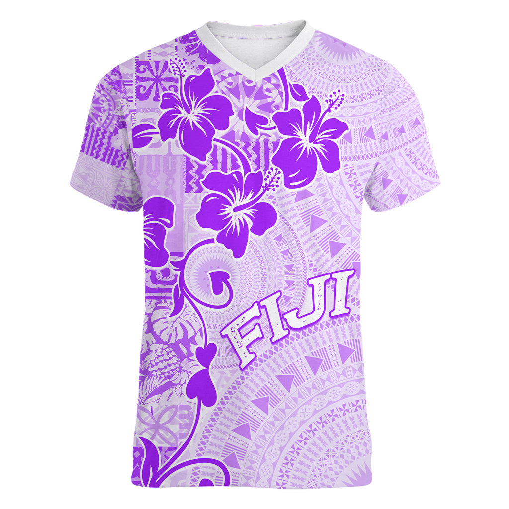 Fiji Masi With Hibiscus Tapa Tribal Women V Neck T Shirt Purple Pastel LT01 Female Purple - Polynesian Pride