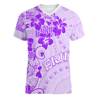Fiji Masi With Hibiscus Tapa Tribal Women V Neck T Shirt Purple Pastel LT01 Female Purple - Polynesian Pride