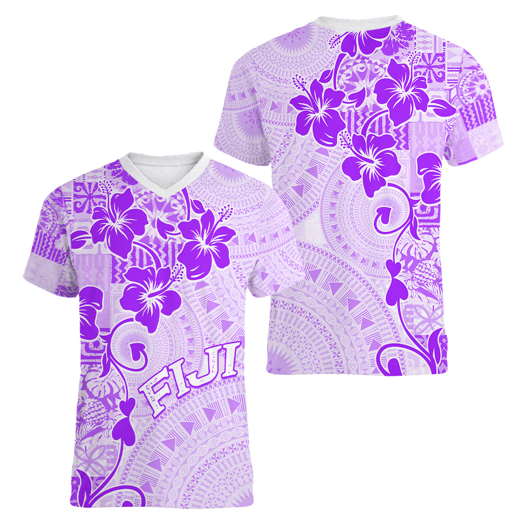 Fiji Masi With Hibiscus Tapa Tribal Women V Neck T Shirt Purple Pastel LT01 - Polynesian Pride