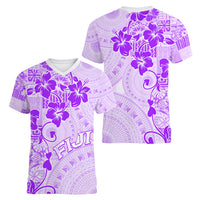 Fiji Masi With Hibiscus Tapa Tribal Women V Neck T Shirt Purple Pastel LT01 - Polynesian Pride