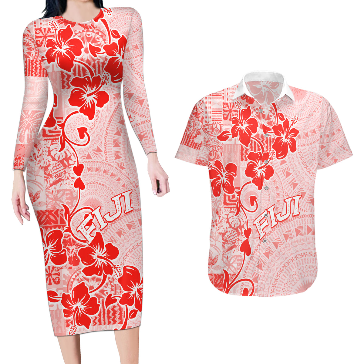 Fiji Masi With Hibiscus Tapa Tribal Couples Matching Long Sleeve Bodycon Dress and Hawaiian Shirt Red Pastel LT01 Red - Polynesian Pride