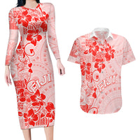 Fiji Masi With Hibiscus Tapa Tribal Couples Matching Long Sleeve Bodycon Dress and Hawaiian Shirt Red Pastel LT01 Red - Polynesian Pride