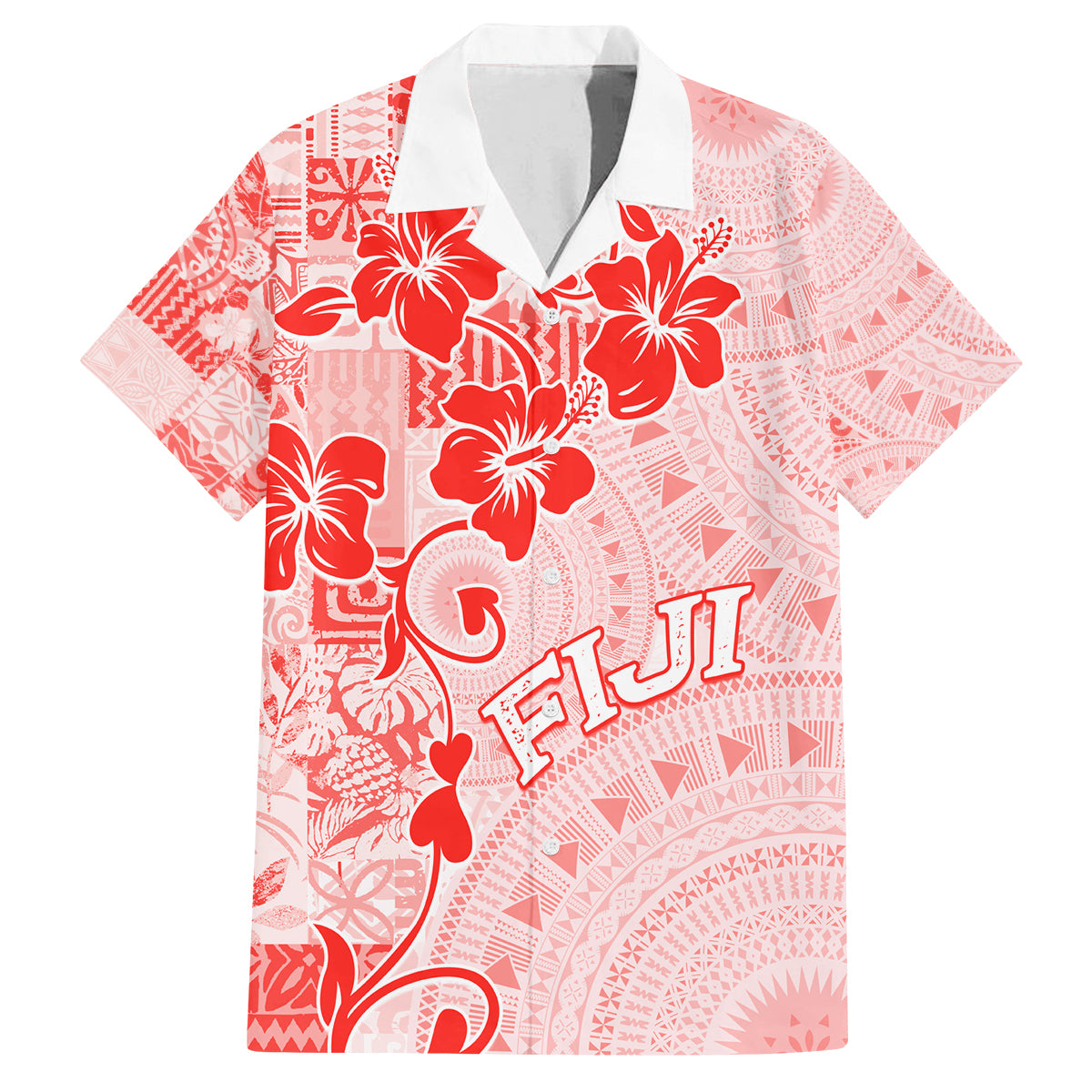 Fiji Masi With Hibiscus Tapa Tribal Family Matching Off Shoulder Long Sleeve Dress and Hawaiian Shirt Red Pastel LT01 Dad's Shirt - Short Sleeve Red - Polynesian Pride