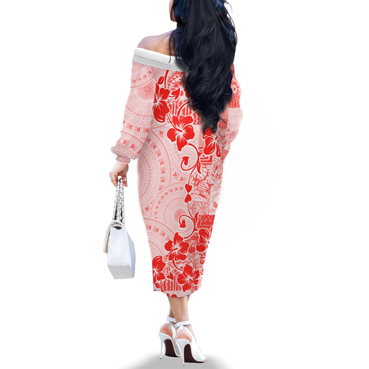 Fiji Masi With Hibiscus Tapa Tribal Family Matching Off Shoulder Long Sleeve Dress and Hawaiian Shirt Red Pastel LT01 - Polynesian Pride