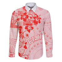 Fiji Masi With Hibiscus Tapa Tribal Family Matching Tank Maxi Dress and Hawaiian Shirt Red Pastel LT01 Dad's Shirt - Long Sleeve Red - Polynesian Pride