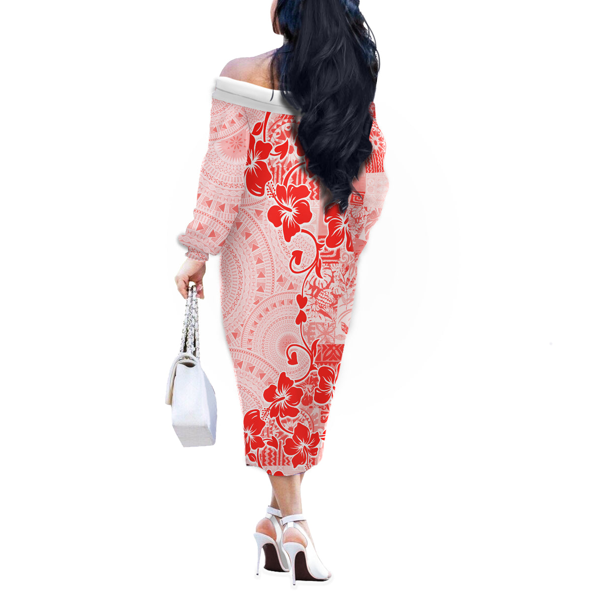 Fiji Masi With Hibiscus Tapa Tribal Off The Shoulder Long Sleeve Dress Red Pastel LT01 - Polynesian Pride