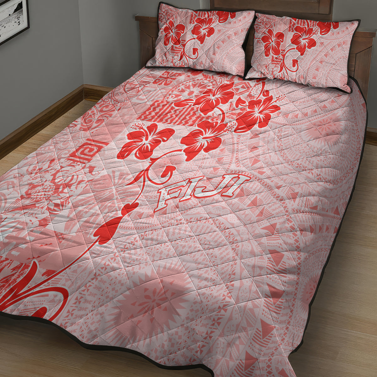 Fiji Masi With Hibiscus Tapa Tribal Quilt Bed Set Red Pastel LT01 - Polynesian Pride