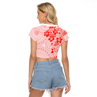 Fiji Masi With Hibiscus Tapa Tribal Raglan Cropped T Shirt Red Pastel LT01 - Polynesian Pride