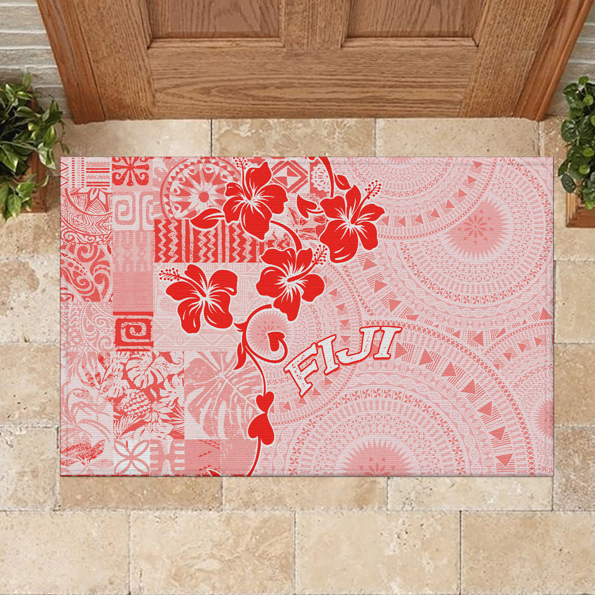 Fiji Masi With Hibiscus Tapa Tribal Rubber Doormat Red Pastel LT01 - Polynesian Pride