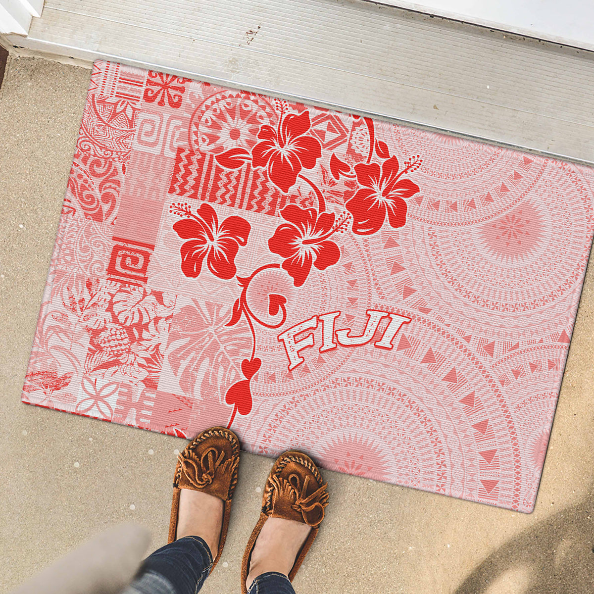 Fiji Masi With Hibiscus Tapa Tribal Rubber Doormat Red Pastel LT01 - Polynesian Pride