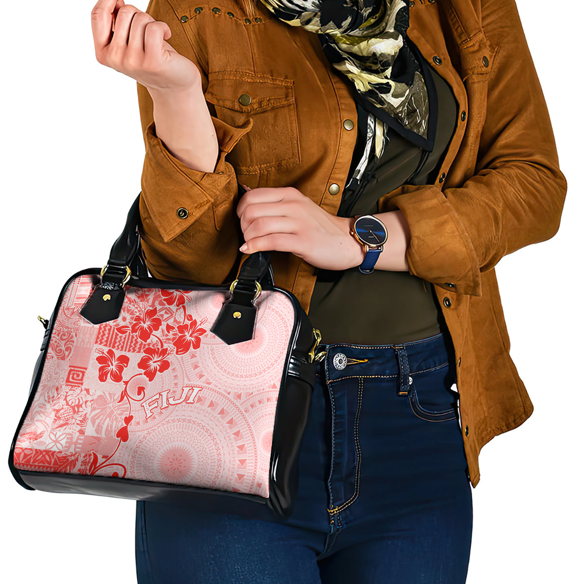 Fiji Masi With Hibiscus Tapa Tribal Shoulder Handbag Red Pastel LT01 - Polynesian Pride