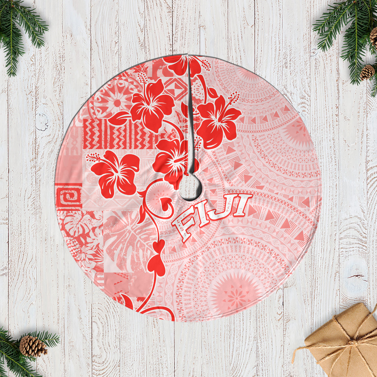Fiji Masi With Hibiscus Tapa Tribal Tree Skirt Red Pastel LT01 Casual Tree Skirts Red - Polynesian Pride