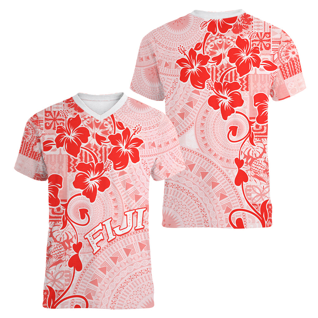 Fiji Masi With Hibiscus Tapa Tribal Women V Neck T Shirt Red Pastel LT01 - Polynesian Pride