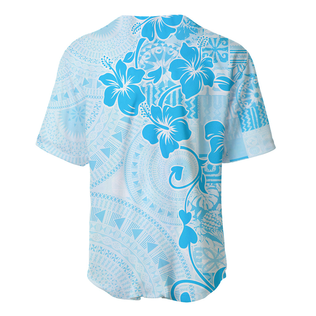Fiji Masi With Hibiscus Tapa Tribal Baseball Jersey Sky Blue Pastel LT01 - Polynesian Pride