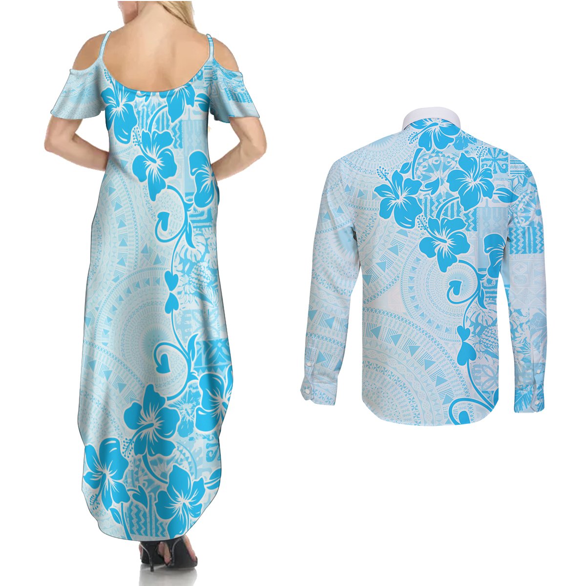 Fiji Masi With Hibiscus Tapa Tribal Couples Matching Summer Maxi Dress and Long Sleeve Button Shirt Sky Blue Pastel LT01 - Polynesian Pride